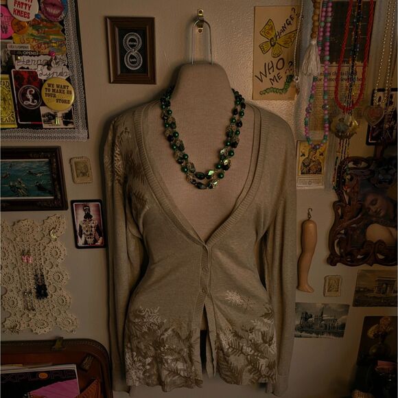 Snowflake Print Cardigan Sweater Women's Large Beige Brown 3 Button Rabbit Hair - Picture 1 of 9